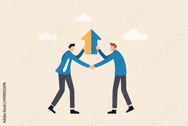 Fototapeta Joint venture business partnership agree to share resource and work together to achieve same goal, merge or acquisition, cooperation concept, businessman handshake connect growth arrow jigsaw puzzle.