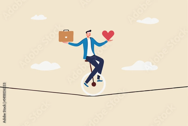 Fototapeta Work life balance, working lifestyle compromise with family or personal health, choice or balance between work stress and relaxation concept, businessman balance himself with heart and briefcase.