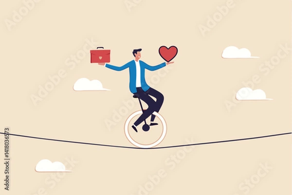 Fototapeta Work life balance, working lifestyle compromise with family or personal health, choice or balance between work stress and relaxation concept, businessman balance himself with heart and briefcase.