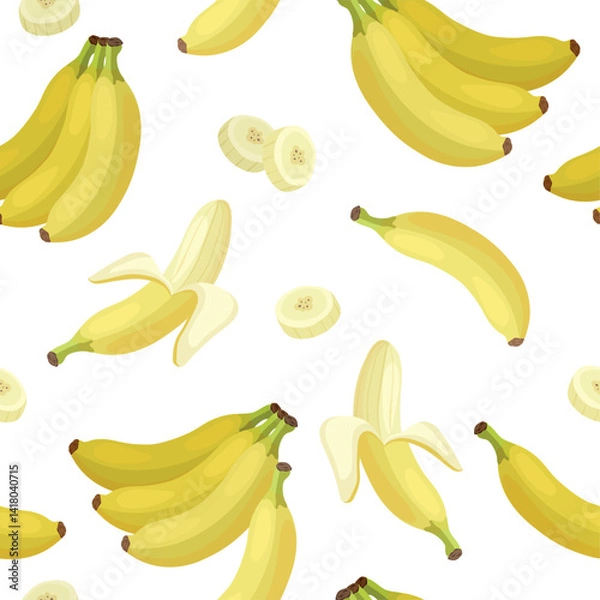Fototapeta Bananas fruit and slices seamless pattern. Food background. Vector cartoon flat illustration.