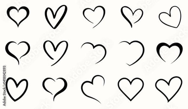 Obraz Elegant heart outline icon set. Collection of 15 heart icons in black line art style. Romantic designs, valentine’s day cards, wedding invitations, logos, stickers. Vector illustration.