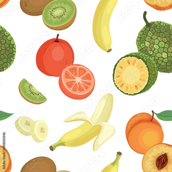 Fototapeta A seamless vector pattern illustration featuring a colorful mix of tropical and exotic fruits including banana, kiwi, orange, jackfruit, persimmon, and peach