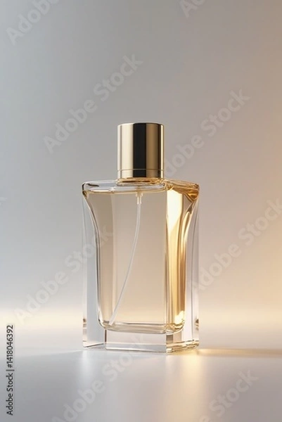 Fototapeta A high-quality, elegant perfume bottle with a minimalist and luxurious design, made of crystal-clear glass with soft reflections and highlights.