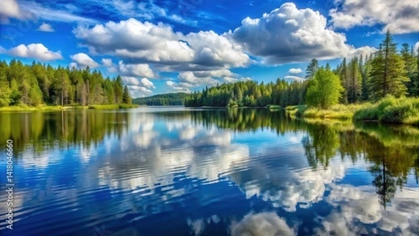 Fototapeta A serene lake surrounded by tall trees and rolling hills