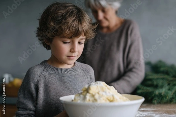 Fototapeta scene of child and grandparent baking cookies together in kitchen with no gadgets