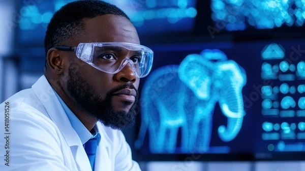 Fototapeta A dedicated research scientist studies intricate data visualizations of elephants, surrounded by advanced technology in a laboratory environment during daylight hours