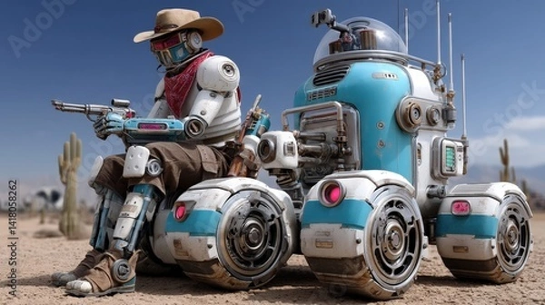 Obraz A robotic cowboy sits beside an advanced vehicle in a stark desert environment, merging vintage western motifs with futuristic technology, creating a compelling visual narrative.