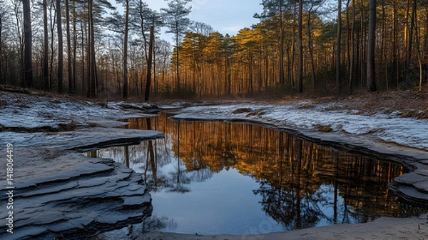 Fototapeta Serene forest scene with a reflective pool trees and hints of snow creating a peaceful natural landscape