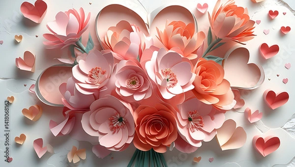 Fototapeta Realistic digital paper art of blooming flowers in pink, coral, and peach tones with hearts and soft shadows