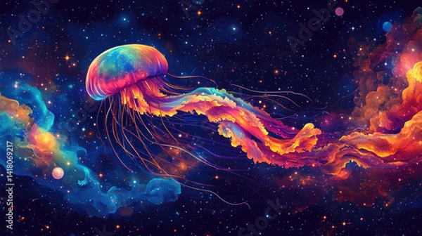 Fototapeta Rainbow Jellyfish in a Cosmic Nebula Pixel Art