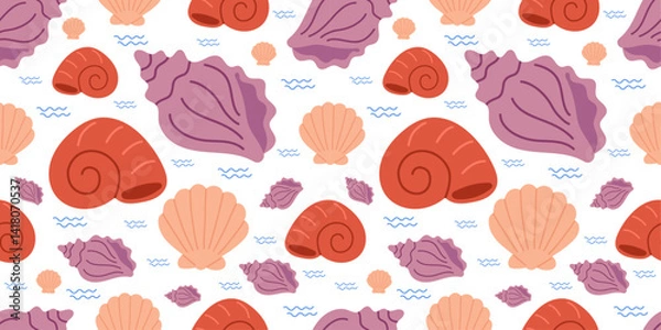 Fototapeta Sea hand-drawn seashells, spiral shells, clamshells, and ocean wave pattern on white background, ideal for summer beach prints, marine wrapping paper, and coastal textile design.
