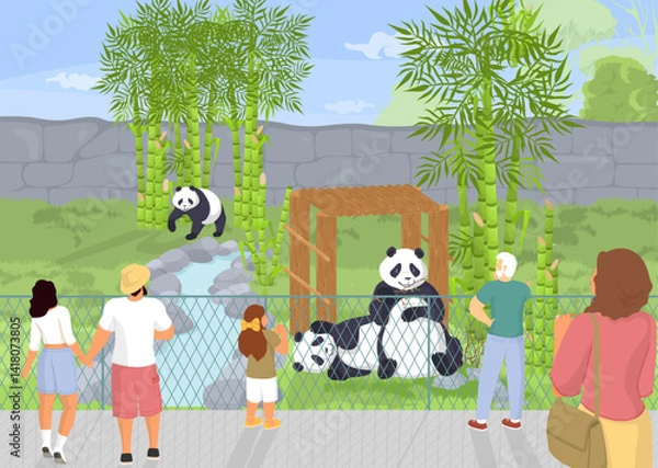Fototapeta Visitors gather by a fence to observe playful pandas in a green bamboo habitat at the zoo. The atmosphere is lively as families point and engage with the adorable animals.