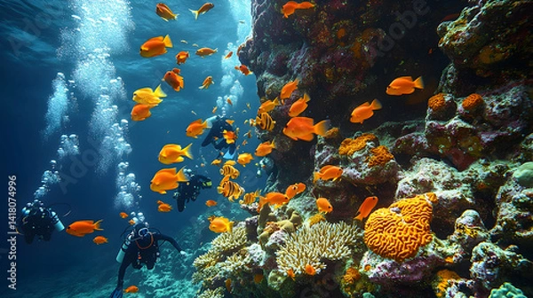 Fototapeta Scuba divers explore a coral reef teeming with vibrant orange fish amidst a flurry of bubbles in the crystal-clear ocean