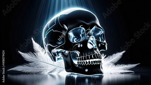 Fototapeta Skull with feathers, futuristic aesthetic