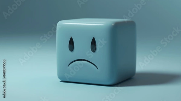 Fototapeta a character in the shape of a cube with soft edges and a sad expression, isolated on blue background, sadness concept