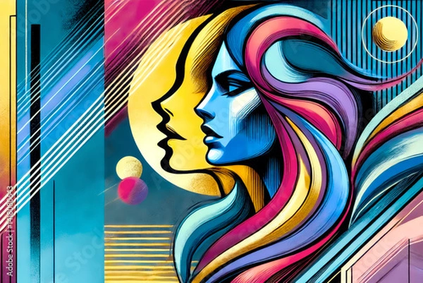 Obraz A bold, colorful abstract artwork featuring two overlapping female profiles with flowing hair, geometric patterns, and dynamic lines in a vibrant, modern pop-art style.