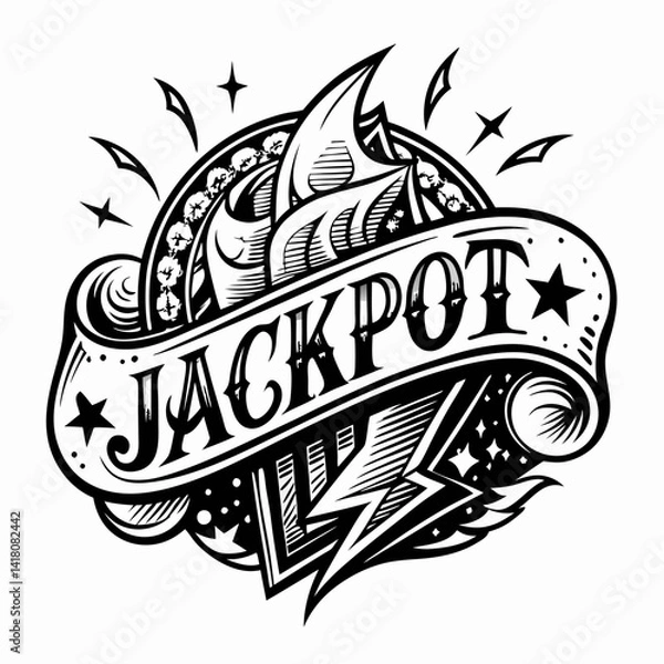 Obraz Monochrome Tattoo Style Jackpot Design with Stars and Flames