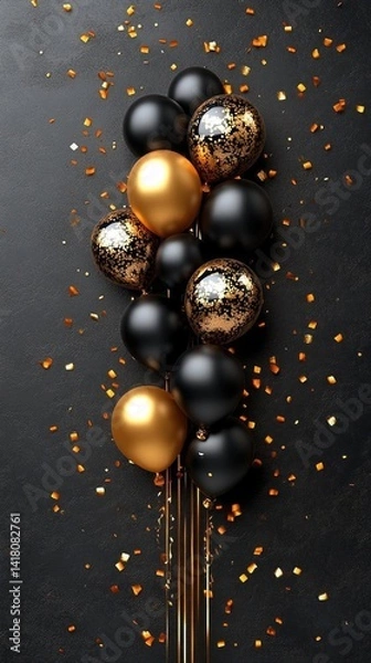 Obraz A festive arrangement of black, gold, and glittering balloons on a dark surface with confetti