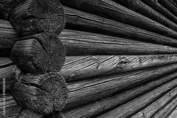 Obraz Perspective view of the wall of a log house. Log wall of an old house, close-up. Perspective view of parallel logs, macro.