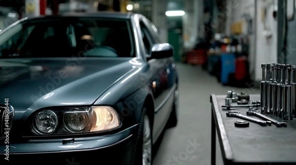 Fototapeta Elegant sedan in a garage. Wrenches & tools sit on a table beside vehicle