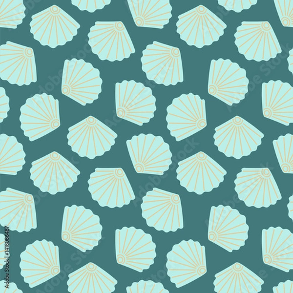 Fototapeta Marine seamless pattern with scallops. Vector seashells on blue background in flat style. Summer vacation.