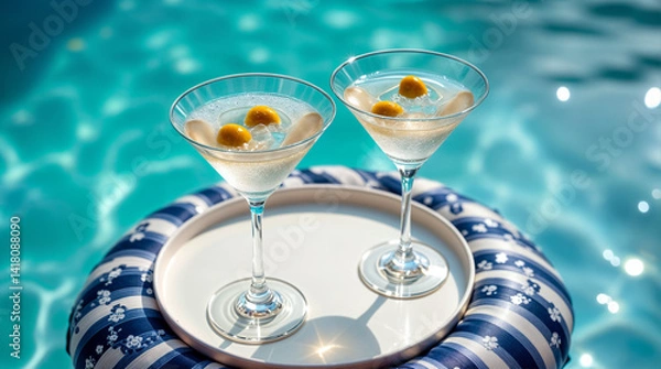 Fototapeta Two martinis are on a tray in a pool