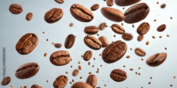 Obraz Flying Roasted Coffee Beans Isolated on White Background – Close-up of Aromatic Coffee Seeds in Motion