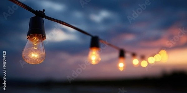 Fototapeta A beautiful arrangement of glowing string lights set against a dramatic twilight sky, creating an enchanting ambiance that enhances any outdoor gathering or event.