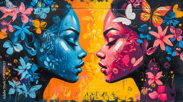 Obraz The mural showcases two women facing each other, adorned with floral patterns and butterflies, in an energetic urban environment