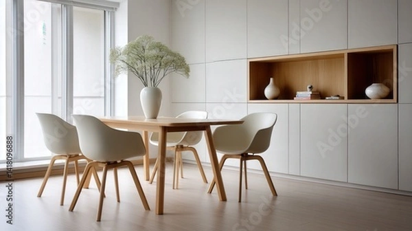 Fototapeta Functional design and space efficiency, modern simplicity, A modern dining area featuring a wooden table, white chairs, and a decorative vase with greenery against a minimalist backdrop.