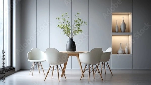 Fototapeta Functional design and space efficiency, modern simplicity, A modern dining area featuring a wooden table surrounded by sleek chairs, a vase with greenery, and minimalist decor .
