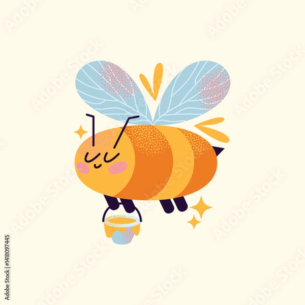 Obraz Cartoon bees set with blue wings and pink cheeks flying and holding honey bucket isolated on background. Bee and honey concept illustration
