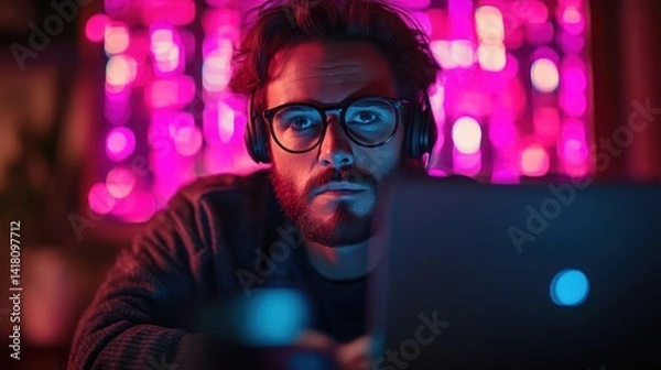 Fototapeta Focused Individual Engaged in Digital Work with Neon Background Wearing Headphones and Glasses