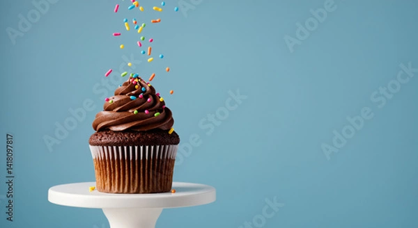 Obraz Chocolate cupcake with falling sprinkles on pastel blue background