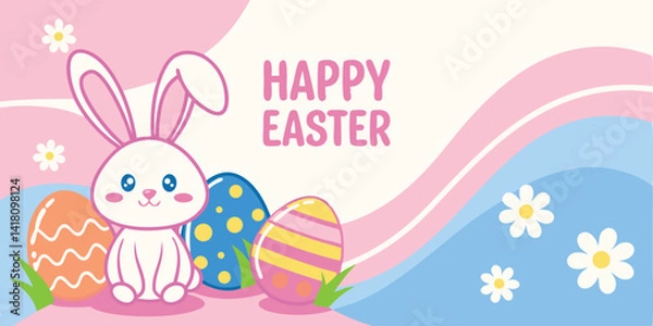 Fototapeta Cute Easter Bunny with Colorful Eggs Vector Image Graphic Art Illustration of Easter
