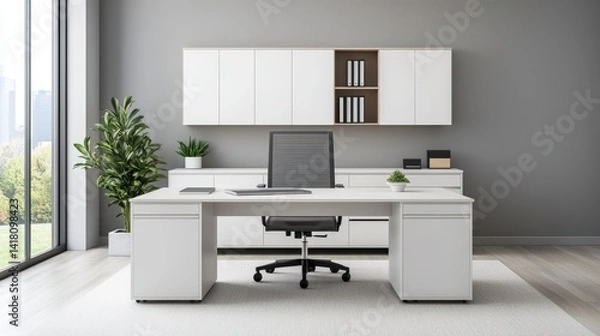 Fototapeta Functional design and space efficiency, modern simplicity, A modern, minimalist office space featuring a sleek white desk, ergonomic chair, and greenery, illuminated by natural light.