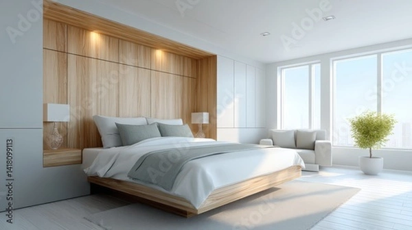 Fototapeta Functional design and space efficiency, modern simplicity, A modern, minimalist bedroom featuring a wooden accent wall, large windows, and natural light highlighting the sleek design.