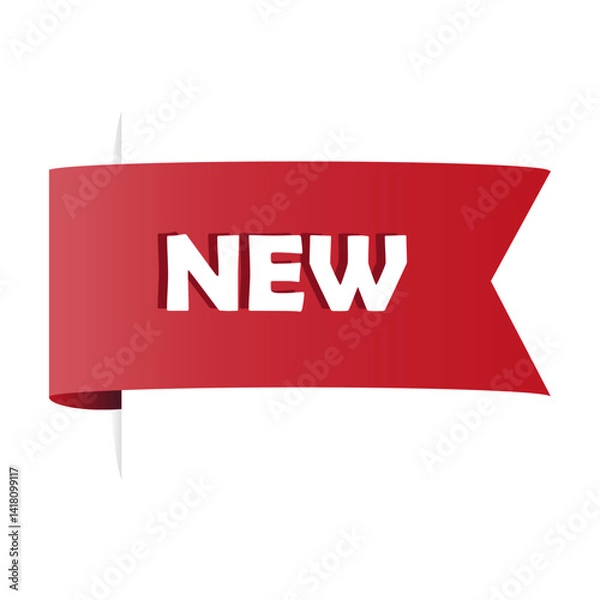 Obraz New label ribbon. Announcement vector banner. Red folded shape. Product arrival message.