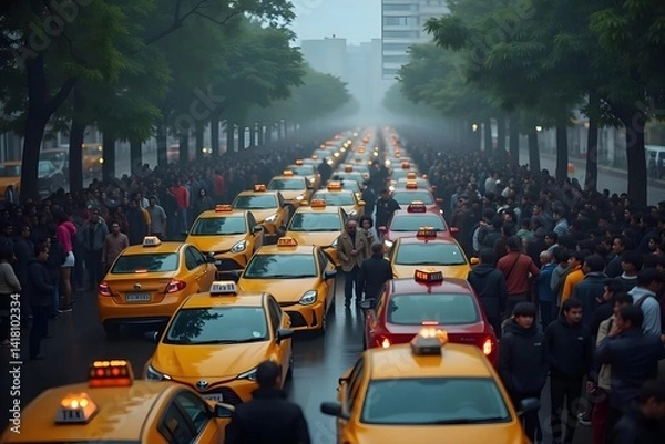 Fototapeta Long Lines of People Waiting for Taxis in Heavy Rain