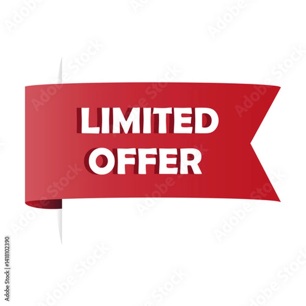 Obraz Red ribbon banner. Limited offer tag. Vector promotional label. Bold text graphic.