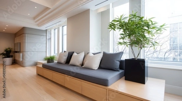 Obraz Functional design and space efficiency, modern simplicity, A modern, minimalist interior featuring a cozy seating area with cushions and greenery, illuminated by natural light from large windows.
