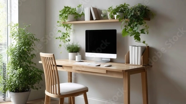 Fototapeta Functional design and space efficiency, modern simplicity, A modern workspace featuring a wooden desk, computer, and indoor plants, creating a fresh and inviting atmosphere.