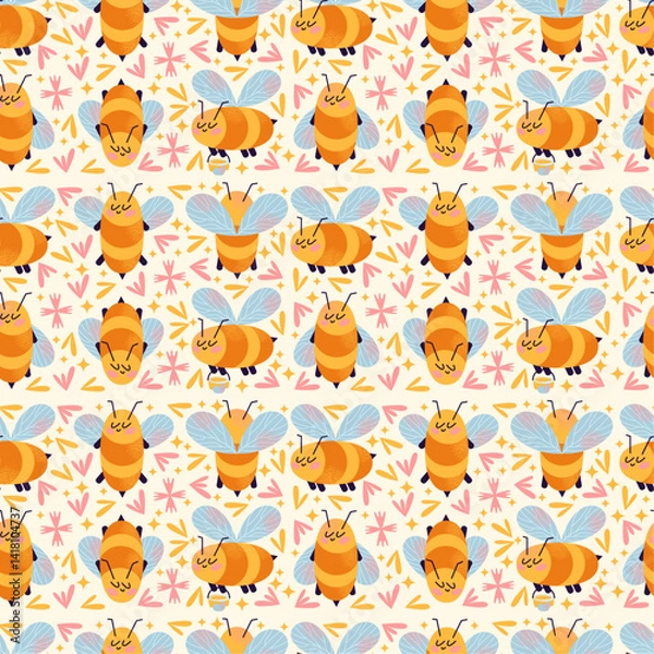 Obraz Cartoon bees seamless pattern with blue wings and pink cheeks flying and holding honey bucket isolated on background. Bee and honey concept illustration