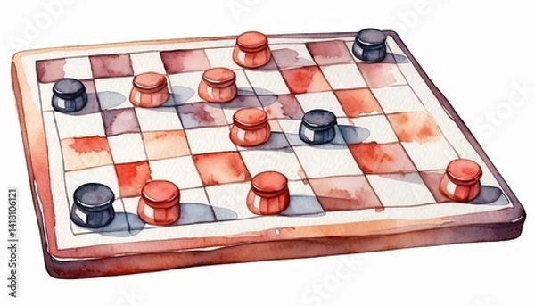 Fototapeta Watercolor Illustration of a Checkers Game in Progress
