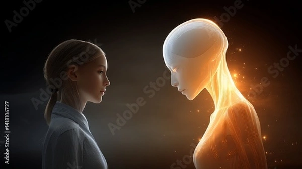 Obraz Woman faces a radiant humanoid figure, silhouetted against a dark background
