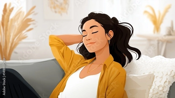 Obraz Woman relaxing on sofa with neutral home d?cor in the background