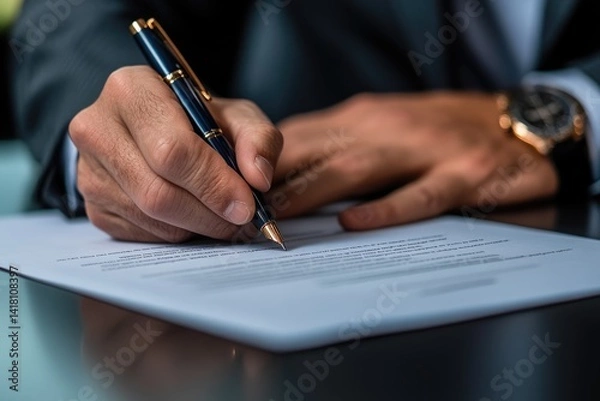 Fototapeta A businessman meticulously signs a legal document using an elegant fountain pen.