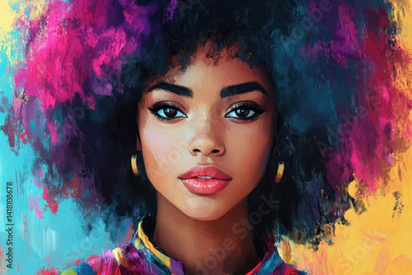 Fototapeta Vibrant painting of a woman with colorful hair, looking directly at the viewer, set against a dark background. Vibrant and captivating.