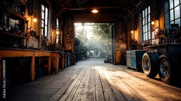 Obraz Workshop interior filled with light streaming in, tools, benches, tires inside