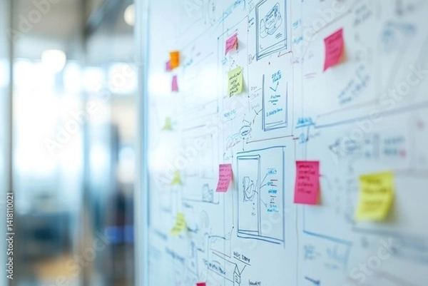 Fototapeta Whiteboard covered in hand-drawn diagrams, sticky notes, and design sketches for app development.